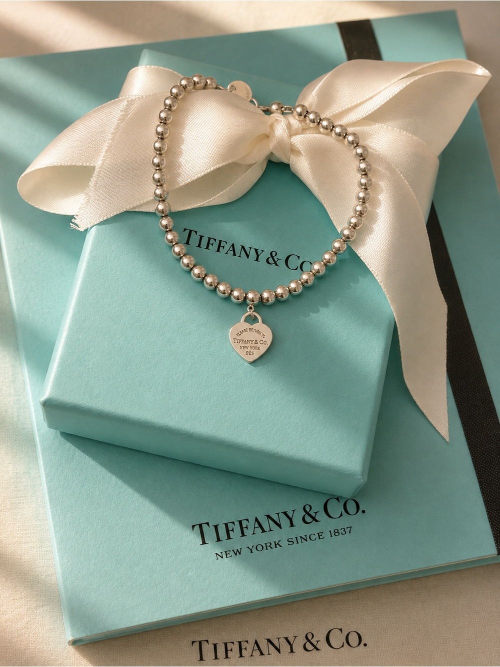 Authentic Tiffany & Co Silver Heart Tag 4mm Bead Bracelet